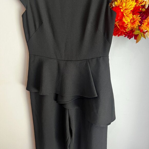 Eliza J Cap Sleeve Ruffled Peplum Waist Crepe Wide Leg Jumpsuit SIZE 6 Black - Picture 4 of 9